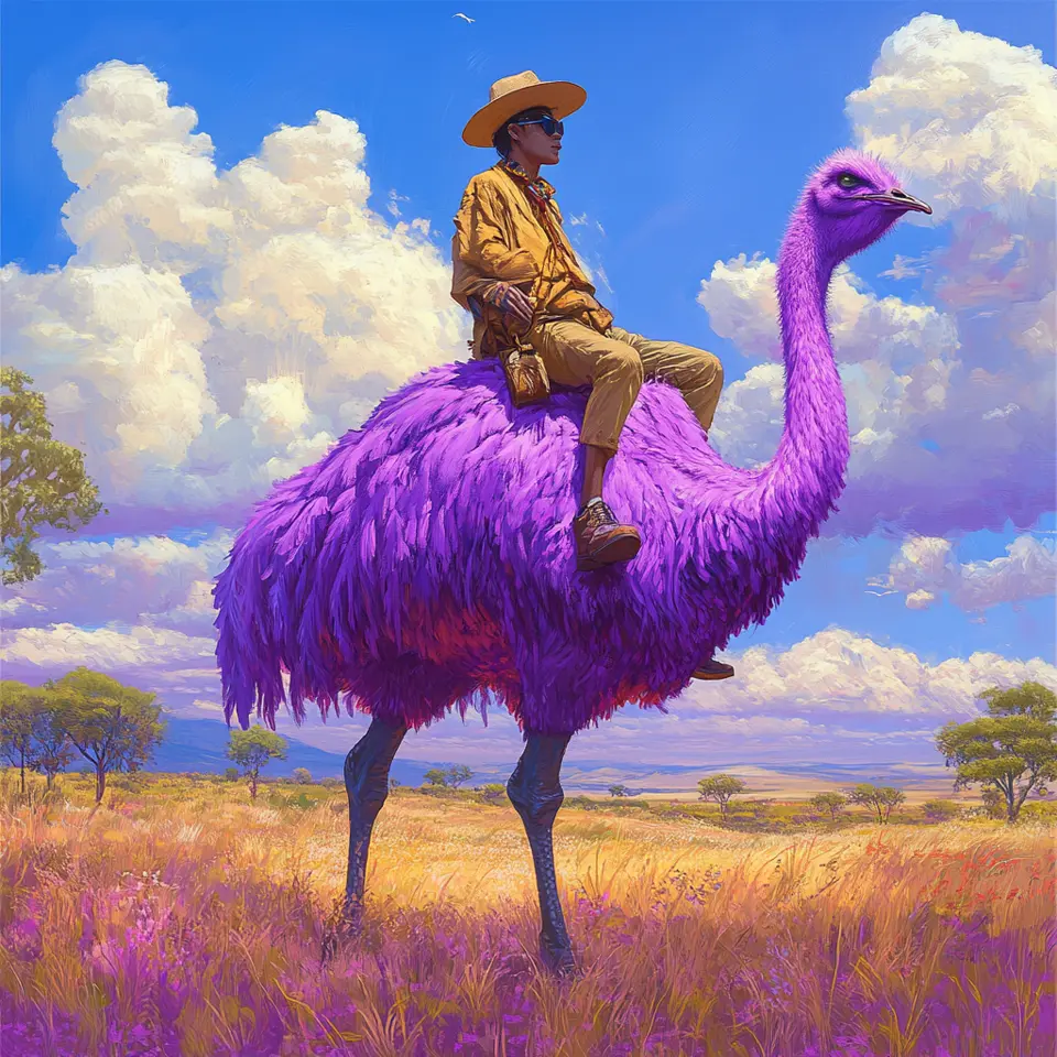 Satoshi Nakamoto riding a purple ostrich…